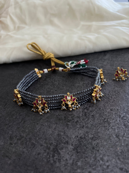 Kundan lotus grey choker with studs