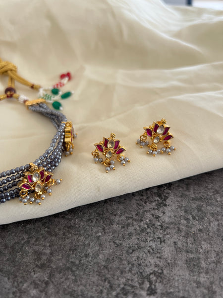 Kundan lotus grey choker with studs