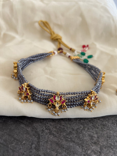Kundan lotus grey choker with studs