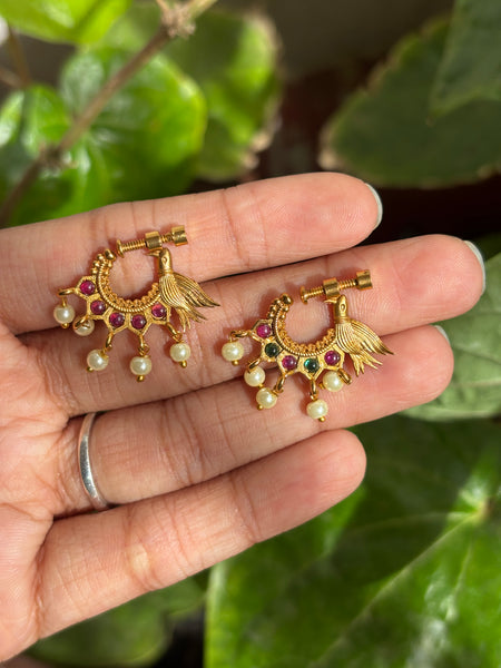Matte Gold and pearl drops Bird-Carved Temple Nose Ring with Ruby & Emerald Stones