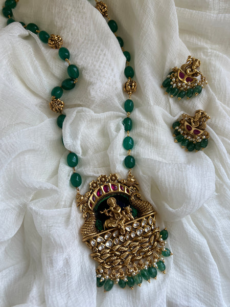 Krishna polki pendant with real peacock feather detail maala