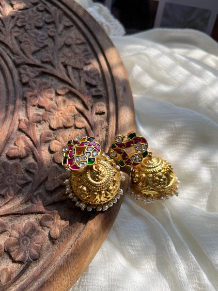 Dual peacock Kundan matte jhumkas