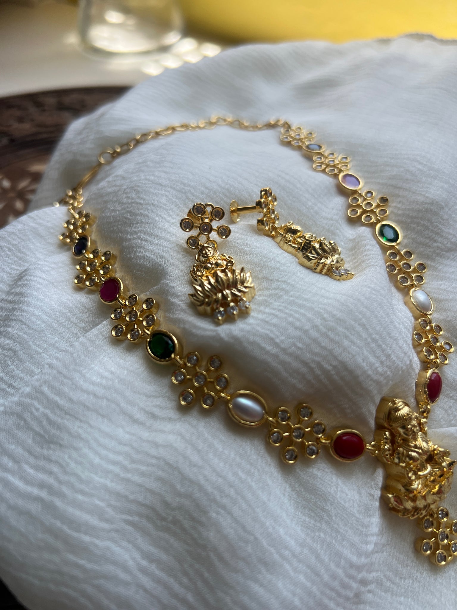 Navaratna flower Lakshmi necklace with studs