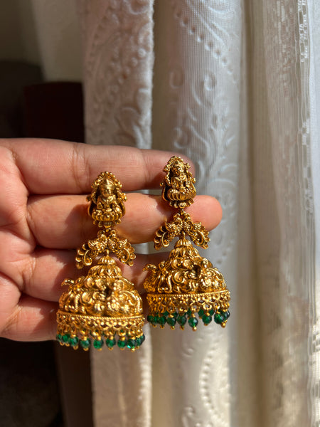 Antique Lakshmi bridal jhumkas with green beads