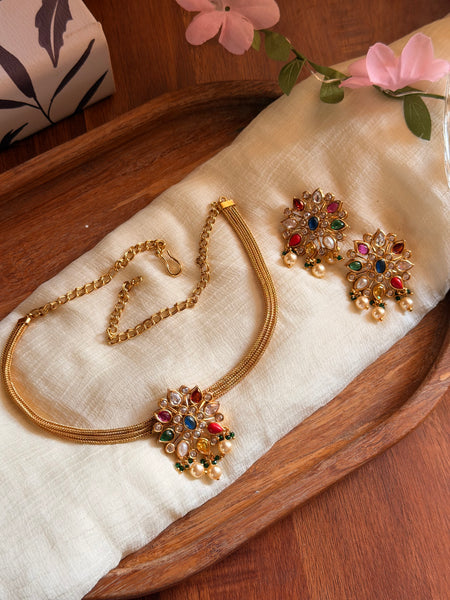 Navaratna floral necklace with matching studs