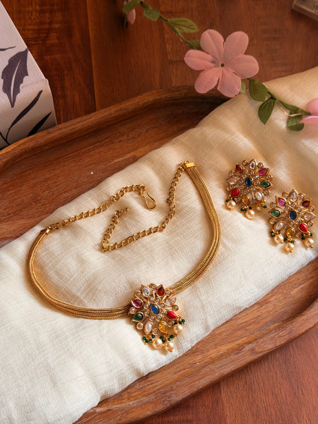 Navaratna floral necklace with matching studs