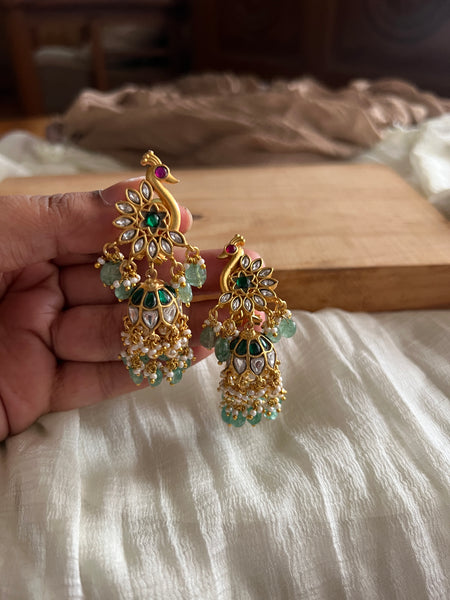 Kundan peacock jhumkas with pumpkin drops