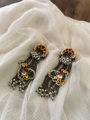 Kundan peacock silver earrings