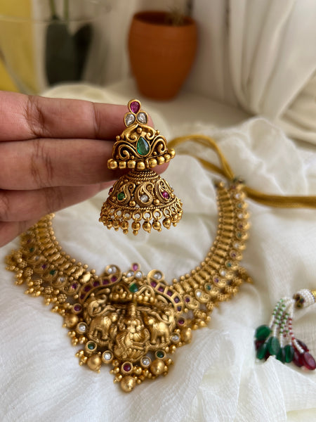 Lakshmi with elephant detail necklace with jhumkas
