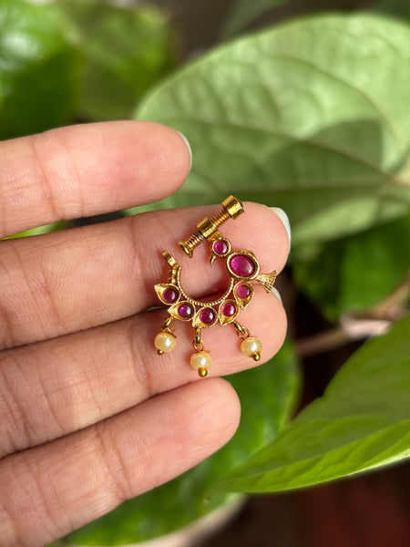 Traditional Antique Gold Bird Motif Nath with Pearl Drops