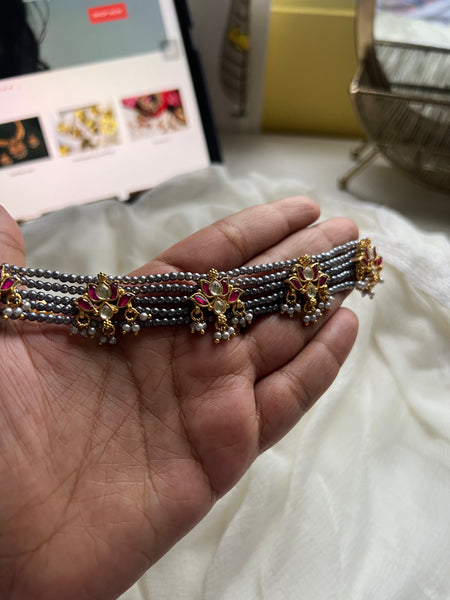 Kundan lotus grey choker with studs