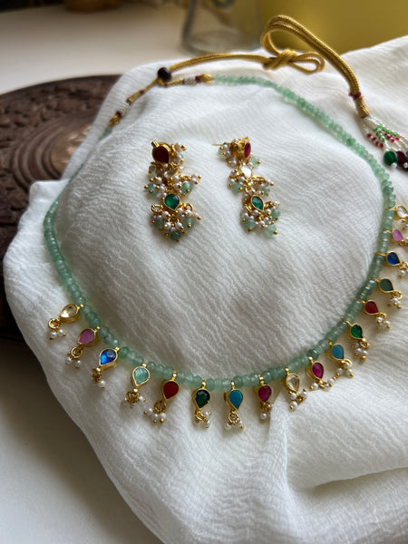 Navaratna Kundan bead maala with earrings