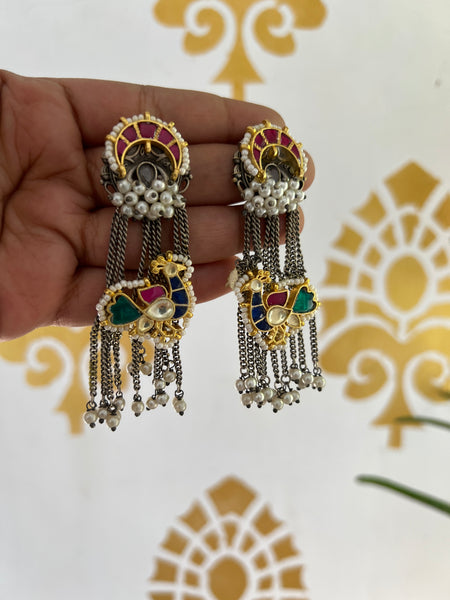 Kundan peacock silver earrings