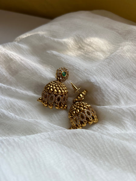Emerald white stone antique jhumkas