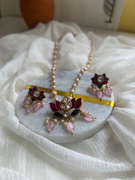 Enamel lotus pendant maala  with studs