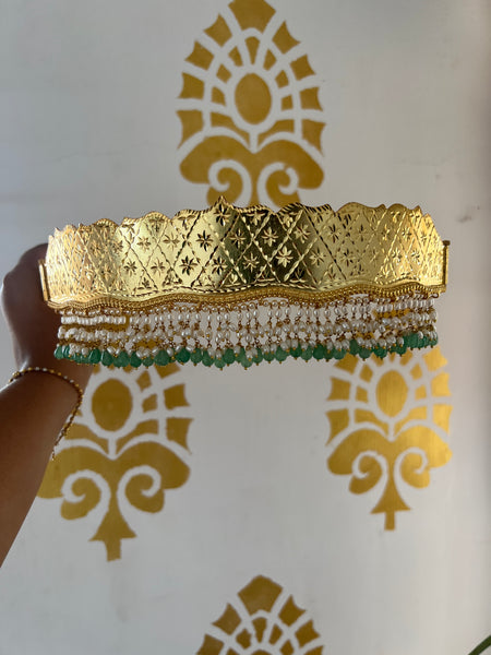 Golden hip belt with rice pearl and mint bead work
