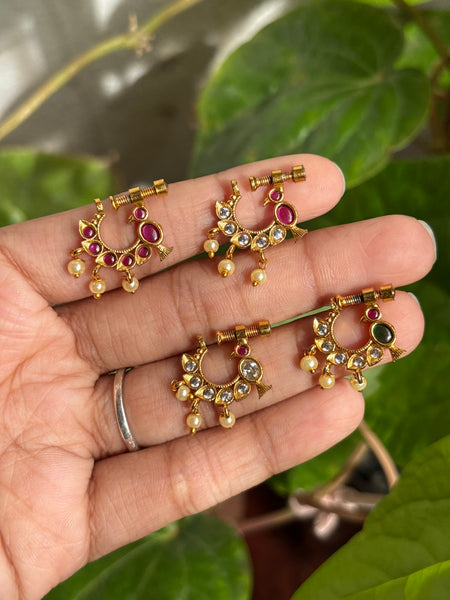 Traditional Antique Gold Bird Motif Nath with Pearl Drops