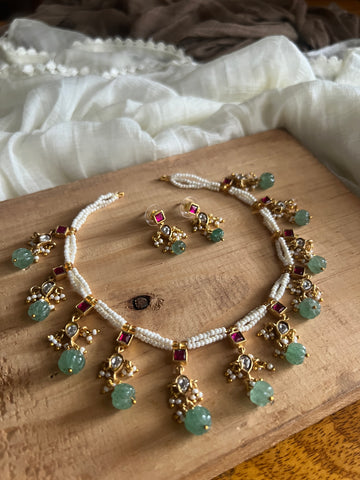 Kundan drop pearl necklace with studs