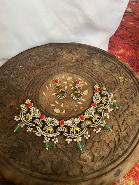 Emerald and Ruby elephant jhumka necklace with earrings