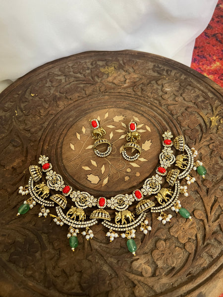 Emerald and Ruby elephant jhumka necklace with earrings