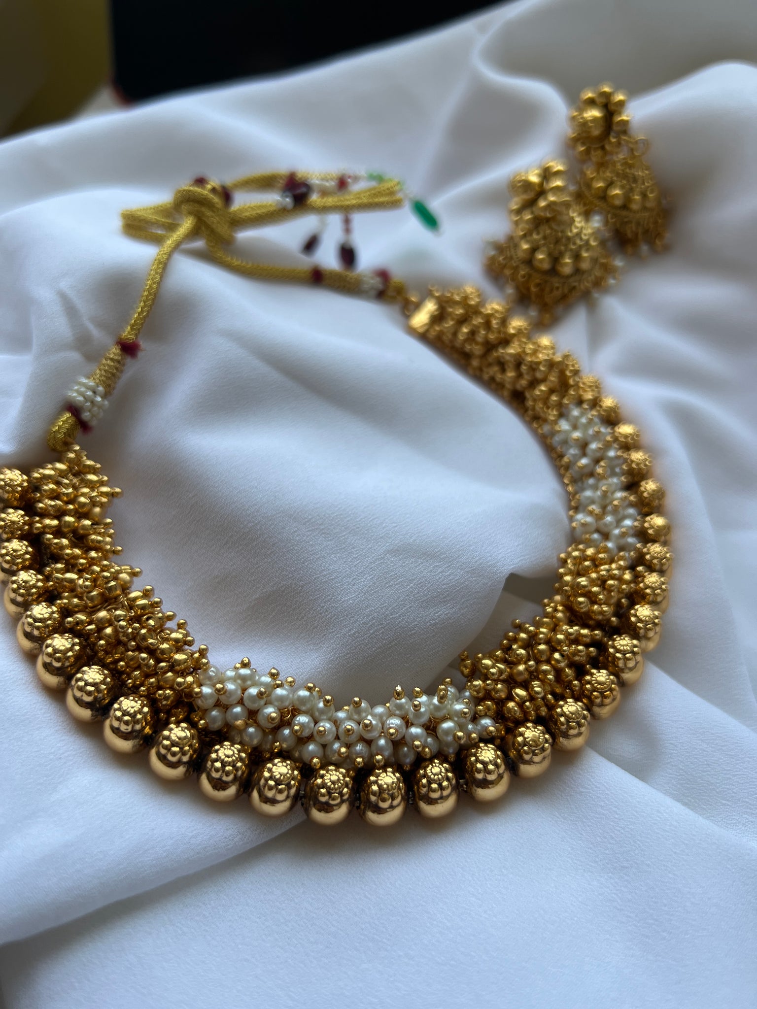 Golden cluster bead necklace with jhumkas a