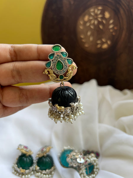 Fusion carved stone jhumkas