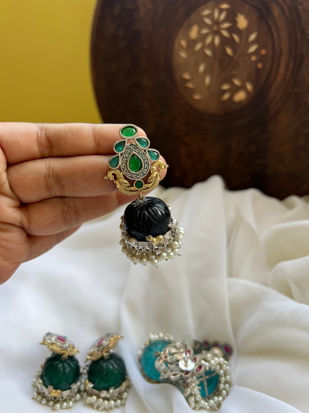 Fusion carved stone jhumkas