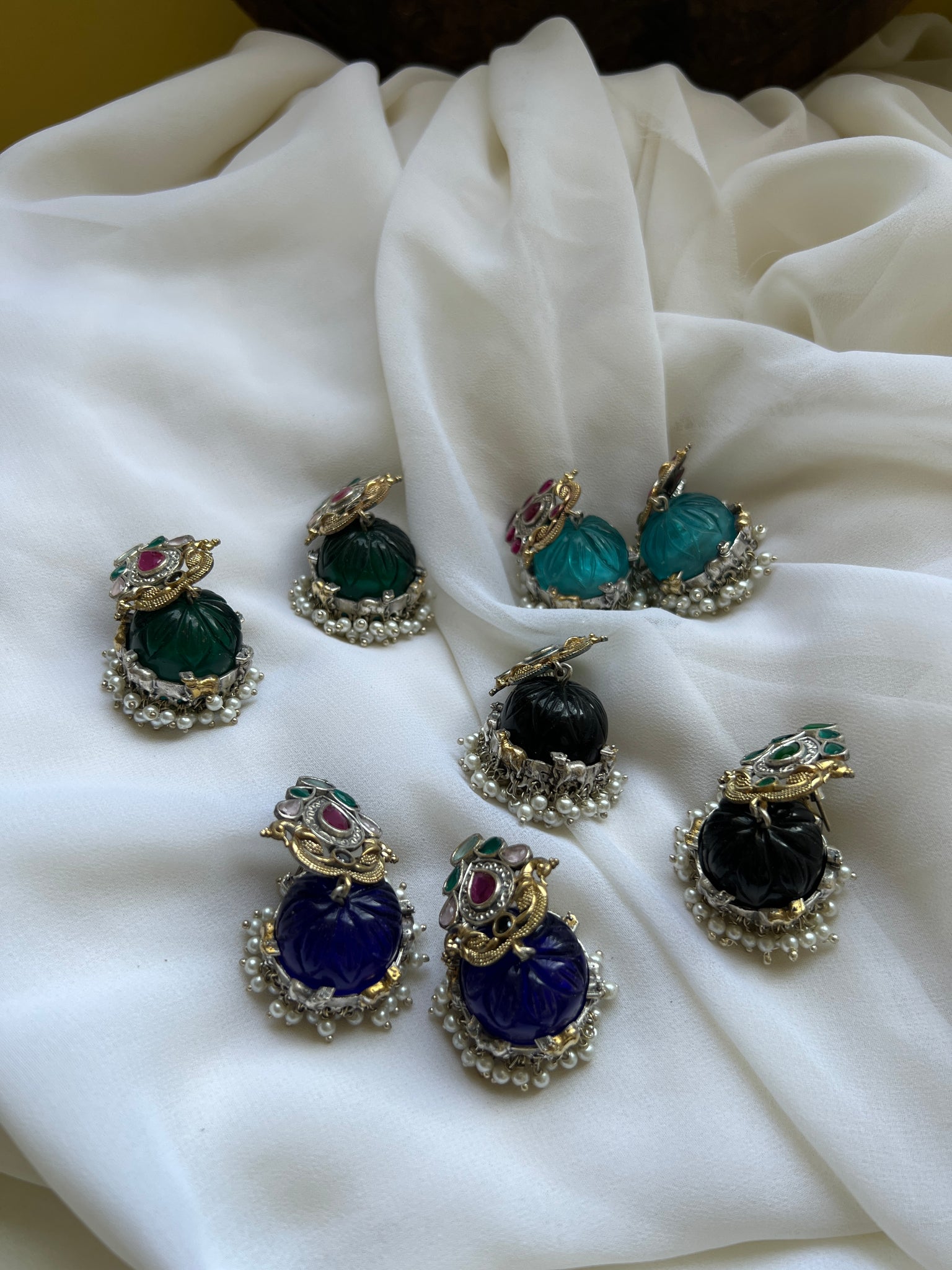 Fusion carved stone jhumkas