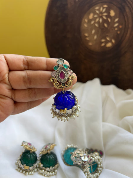 Fusion carved stone jhumkas