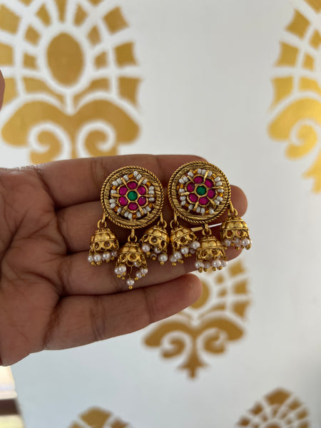 Kundan antique 3 jhumka studs