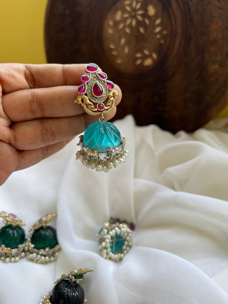 Fusion carved stone jhumkas