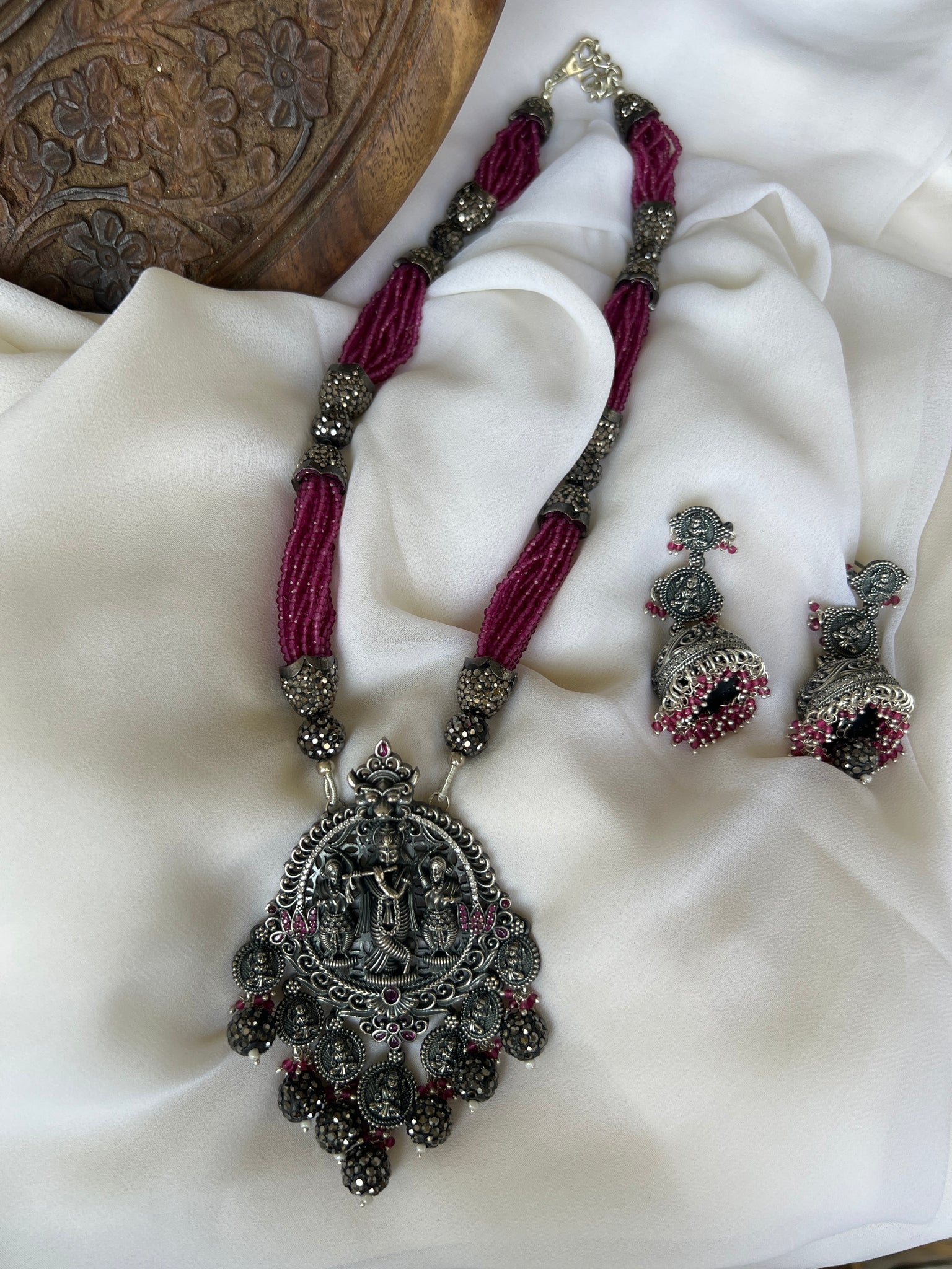 Antique Krishna Radhe haram with semi precious beads