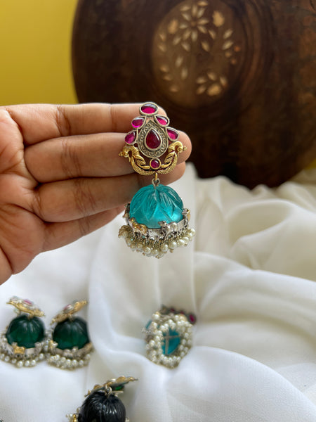 Fusion carved stone jhumkas