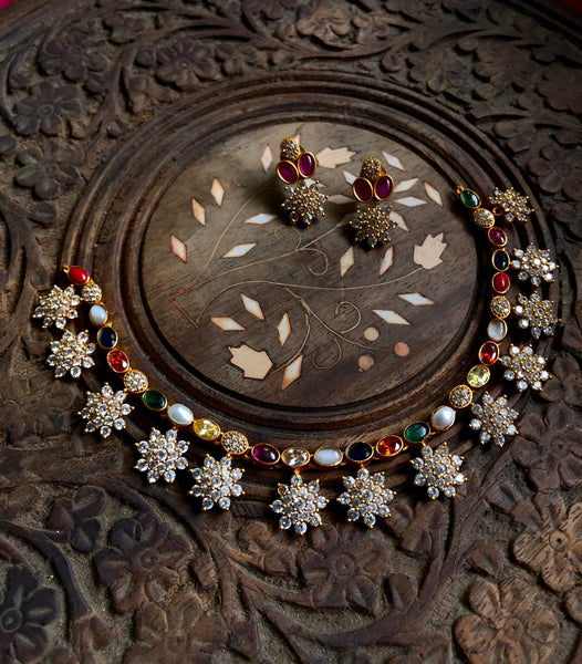 Navaratna flower drop necklace ( in 2 styles)