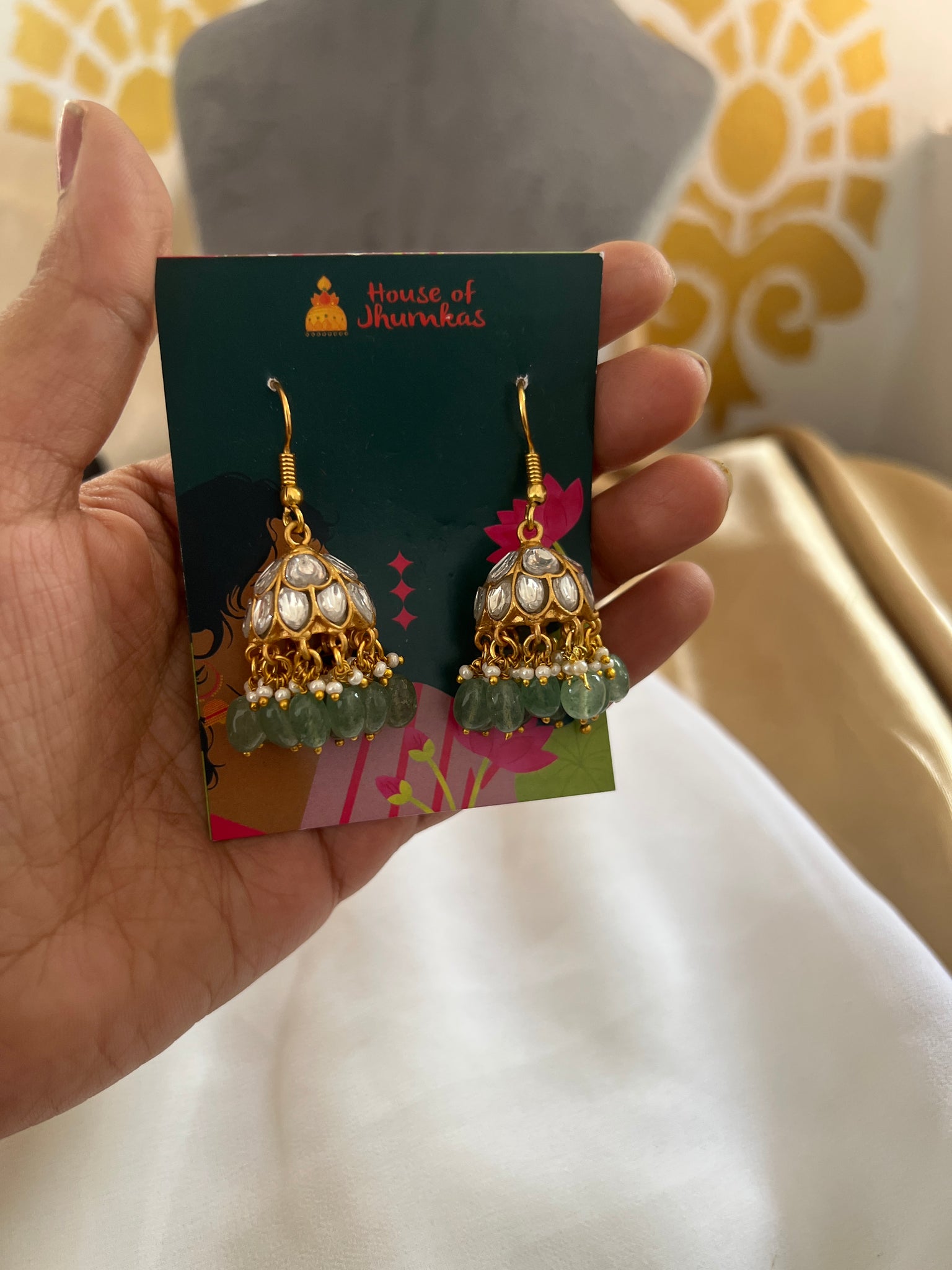 White Kundan hook jhumkas
