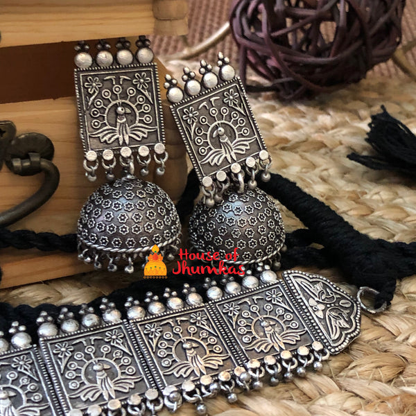 Pure silver look alike choker with jhumkas