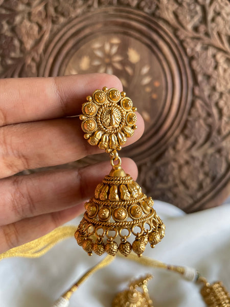 Antique 3 golden Lakshmi necklace with Jhumkas