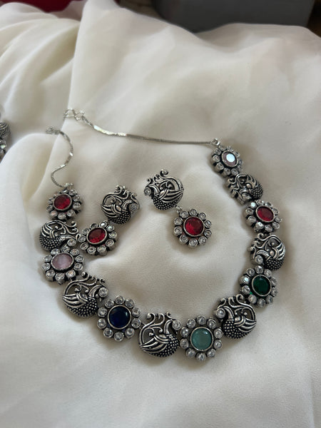 Oxidised stone Mayil necklace with studs