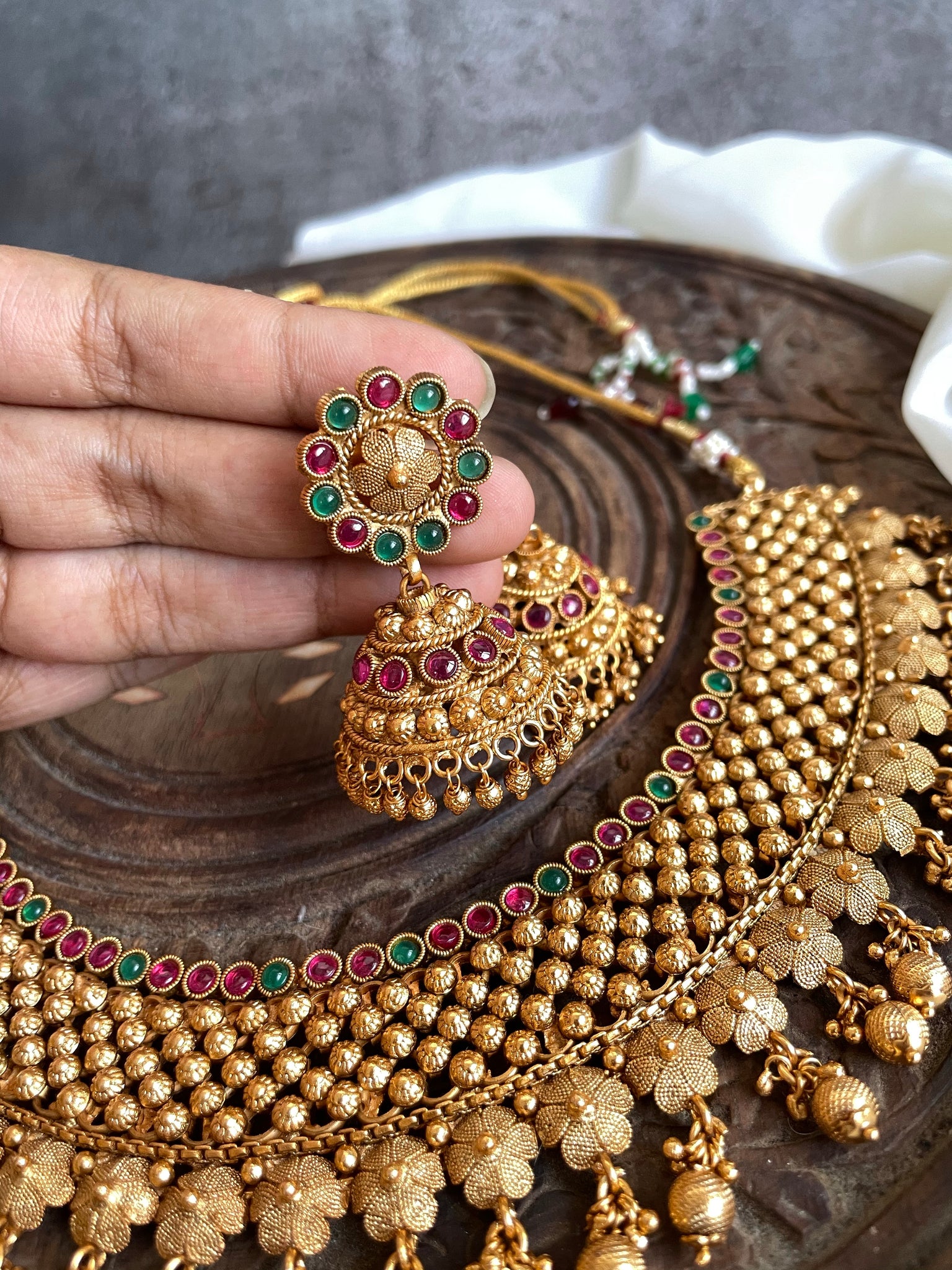 Gold like kemp flower necklace with jhumkas