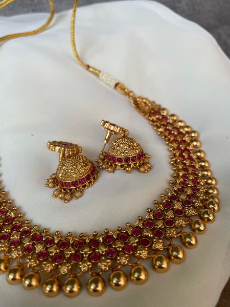 Gold like Ruby antique necklace with jhumkas