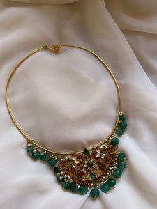 Dual peacock Kundan pendant hasli with pumpkin beads