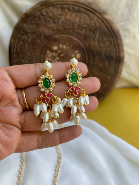 Emerald stone Pearl mangalsutra with studs