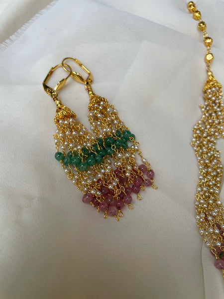 Multi color Pearl maala with earrings - 8/12/14 layer