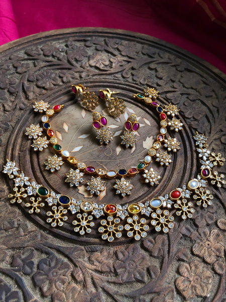 Navaratna flower drop necklace ( in 2 styles)