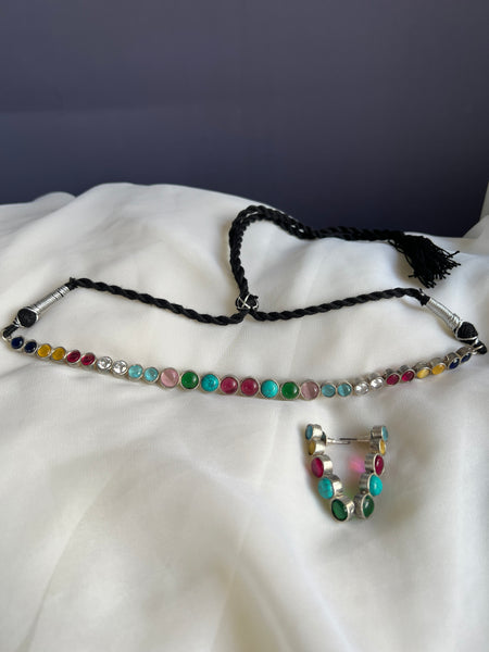 Navaratna silver choker with studs