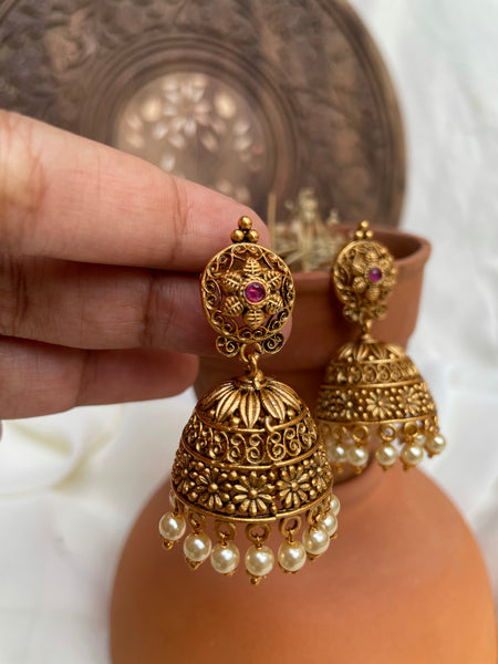 Antique cutwork Ruby Jhumkas