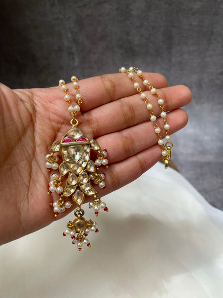 Kundan fish pendant in Pearl maala