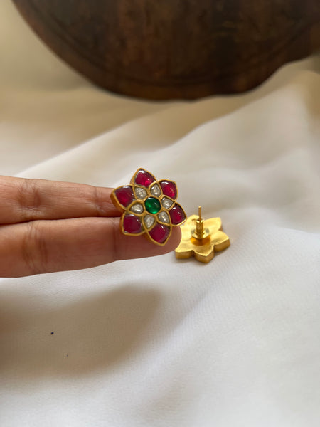Tri color Kundan flower silver studs