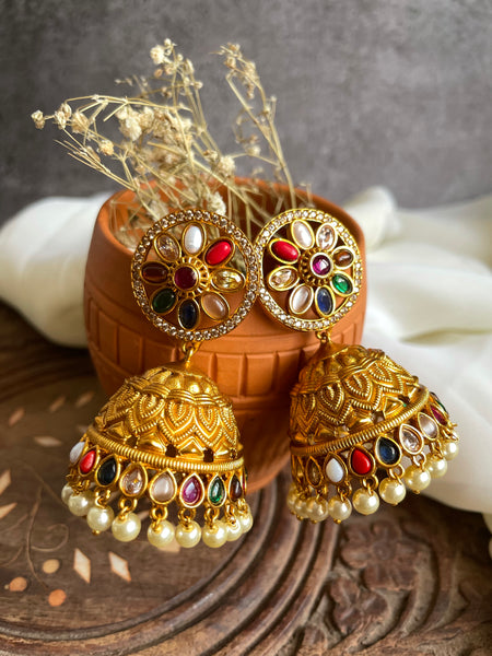 Jumbo Navaratna cutwork jhumkas