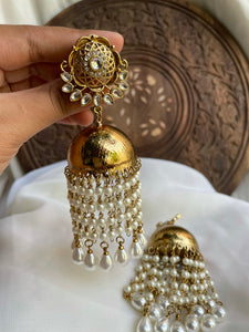 Jumbo Golden Pearl tassel Jhumkas